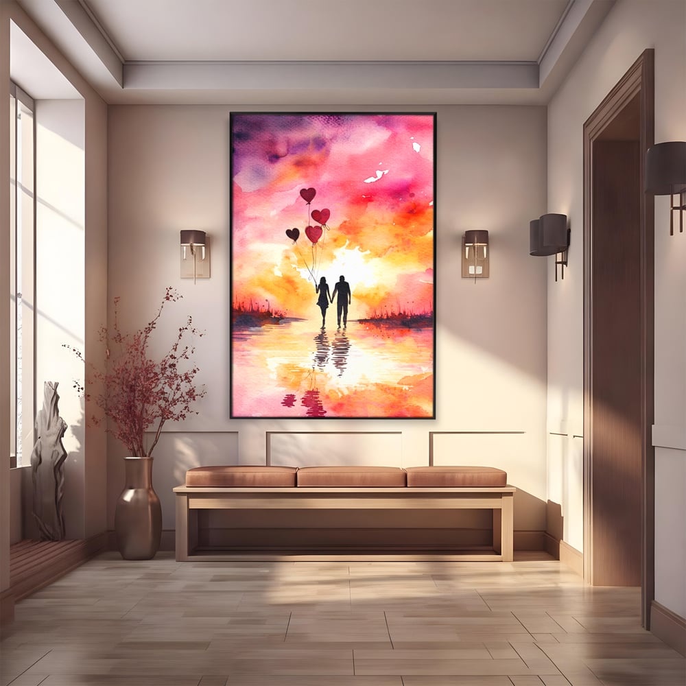 Tablou canvas cu pictura cuplu si baloane inima la apus, in rama de aluminiu negru